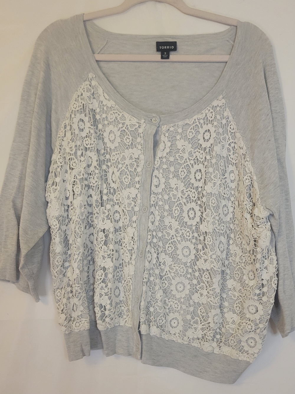 Torrid Light Gray Cardigan with White Lace Overlay